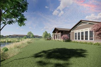 a rendering of a house with a yard and a pond