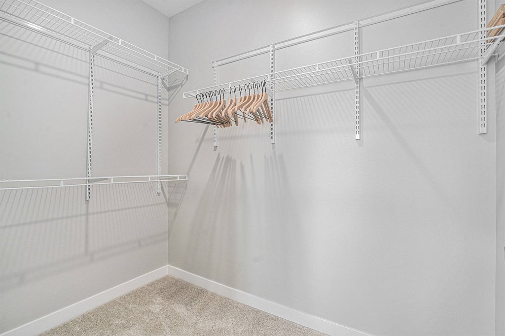 A white closet with a hanging dress and a carpet on the floor.