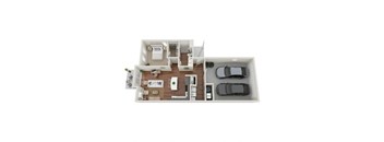 a 3d drawing of a floor plan with a car and a bedroom