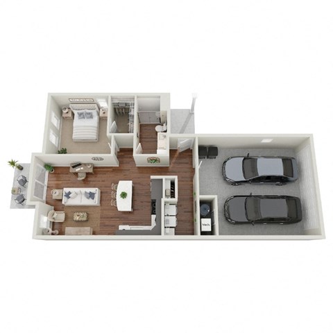 a 3d drawing of a floor plan with a car and a bedroom