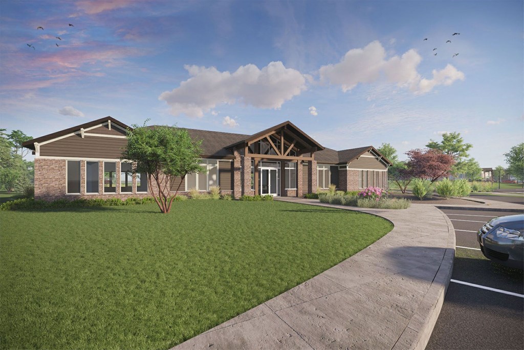 a rendering of a house with a driveway and lawn