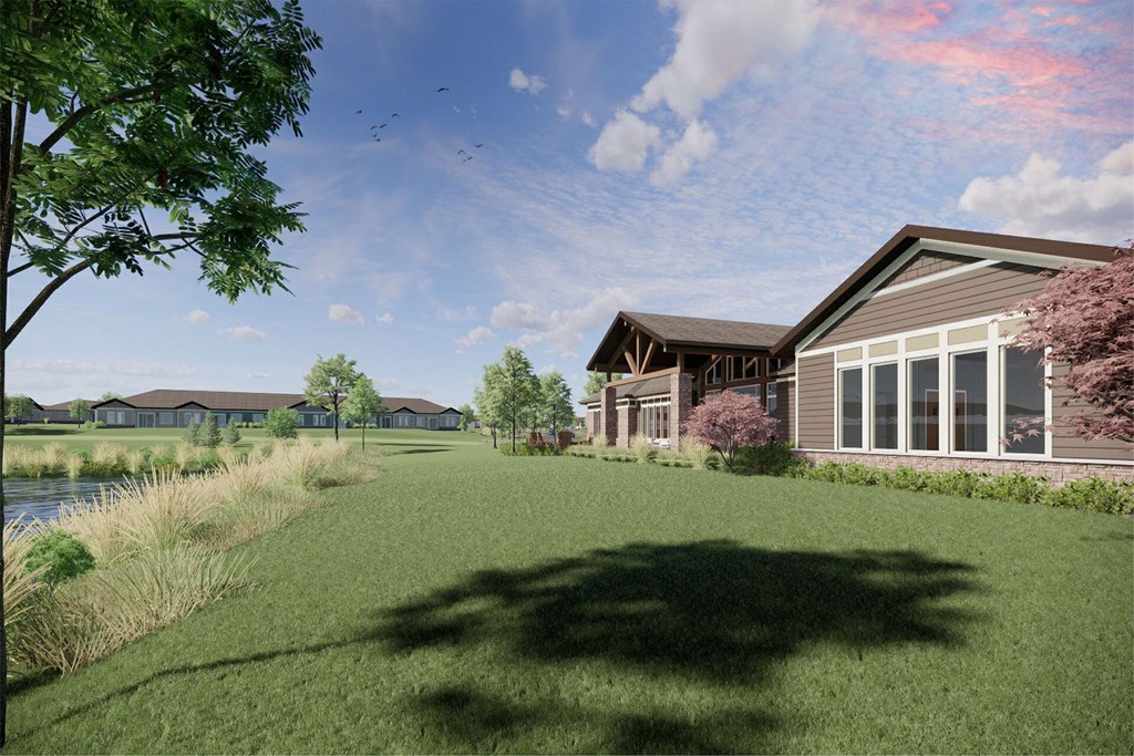 a rendering of a house with a yard and a pond