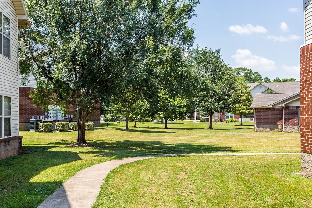 A tree-lined pathway in a grassy area.