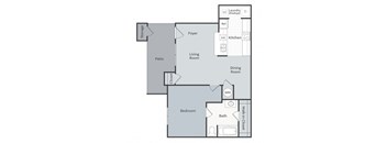 A floor plan of a house with a bedroom, bathroom, kitchen, dining room, living room, patio, and closet.