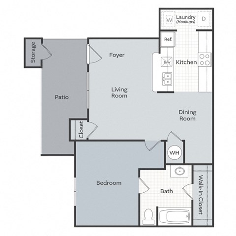 A floor plan of a house with a bedroom, bathroom, kitchen, dining room, living room, patio, and closet.