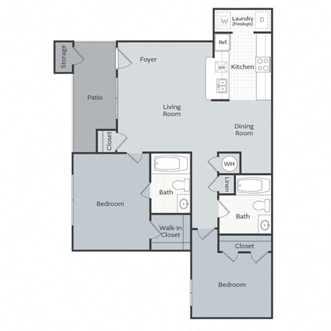 A floor plan of a house with two bedrooms, a living room, a kitchen, a dining room, a patio, and storage.