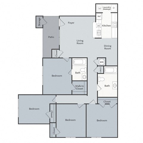 A floor plan of a house with a living room, dining room, kitchen, and multiple bedrooms.