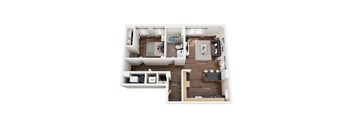 A floor plan of a small apartment with a bedroom, living room, kitchen, and bathroom.
