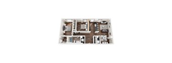 A floor plan of a small apartment with a living room, dining area, kitchen, and two bedrooms.