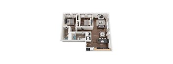 A floor plan of a small apartment with a living room, dining area, kitchen, and two bedrooms.