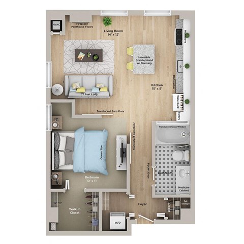 a stylized floor plan with a bedroom and a living room