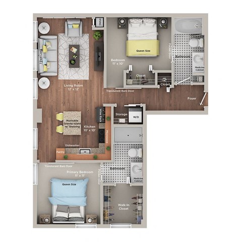 a 3 bedroom floor plan with a 1192 sq ft apartment