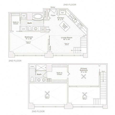two floor plans of a modern house with a garage and a living room