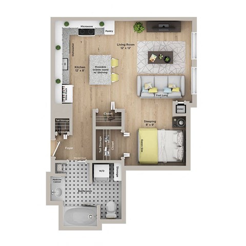 a house plan with a bedroom and a living room