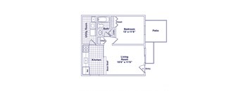 A floor plan of a small apartment with a living room, kitchen, bathroom, and bedroom.