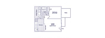 A floor plan of a small apartment with a living room, kitchen, bathroom, and bedroom.