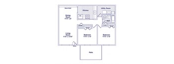 A floor plan of a house with a living room, two bedrooms, a kitchen, a dining room, a patio, a utility room, a bathroom, a bookshelf, and an entry.