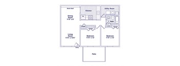 A floor plan of a house with a living room, two bedrooms, a kitchen, a dining room, a patio, a utility room, a bathroom, a bookshelf, and an entry.