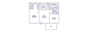 A floor plan of a home with a living room, kitchen, two bedrooms, a bathroom, and a patio.