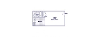 A drawing of a living area with a kitchen and bath.