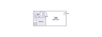 A drawing of a living area with a kitchen and bath.