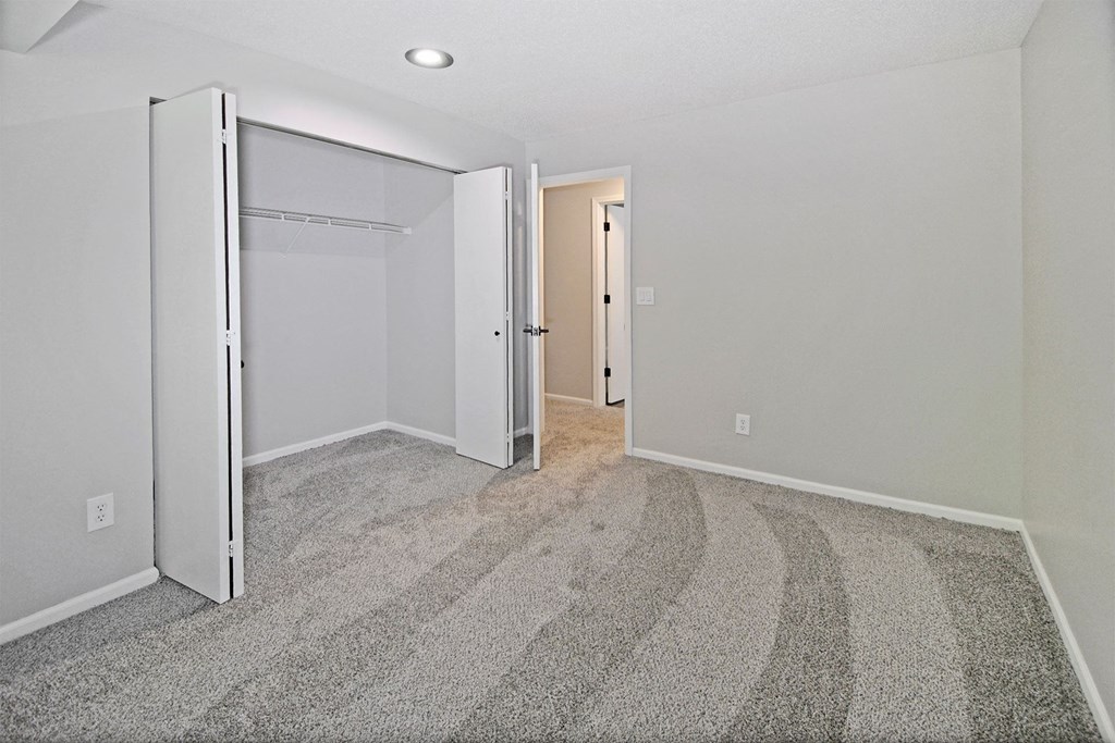 an empty bedroom with a closet and a carpeted floor
