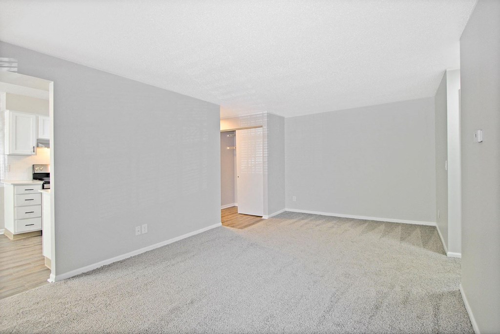 an empty living room with a carpeted floor and a kitchen