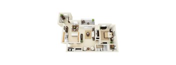 A top-down view of a house layout with a living room, dining room, kitchen, and bedrooms.
