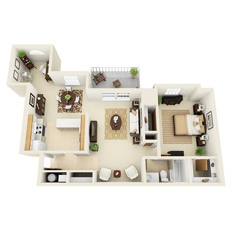 A top-down view of a house layout with a living room, dining room, kitchen, and bedrooms.