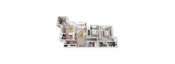 A 3D floor plan of a house with labeled rooms.
