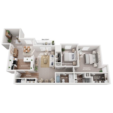 A 3D floor plan of a house with labeled rooms.
