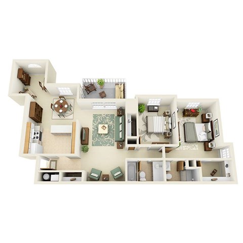 A top-down view of a house layout with a kitchen, living room, and bedrooms.