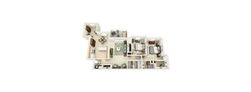 A top-down view of a house layout with a kitchen, living room, and bedrooms.