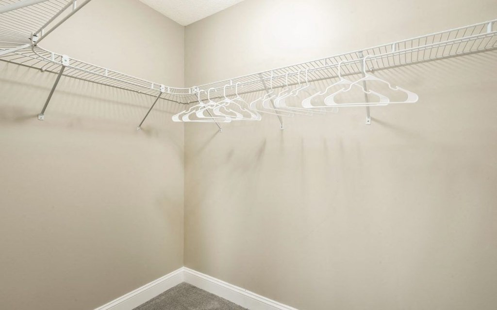 an empty closet with a mirrored wall and a wire rack