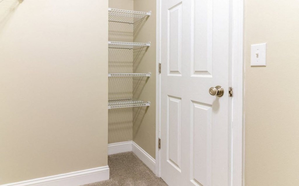 a closet with shelves and a white door