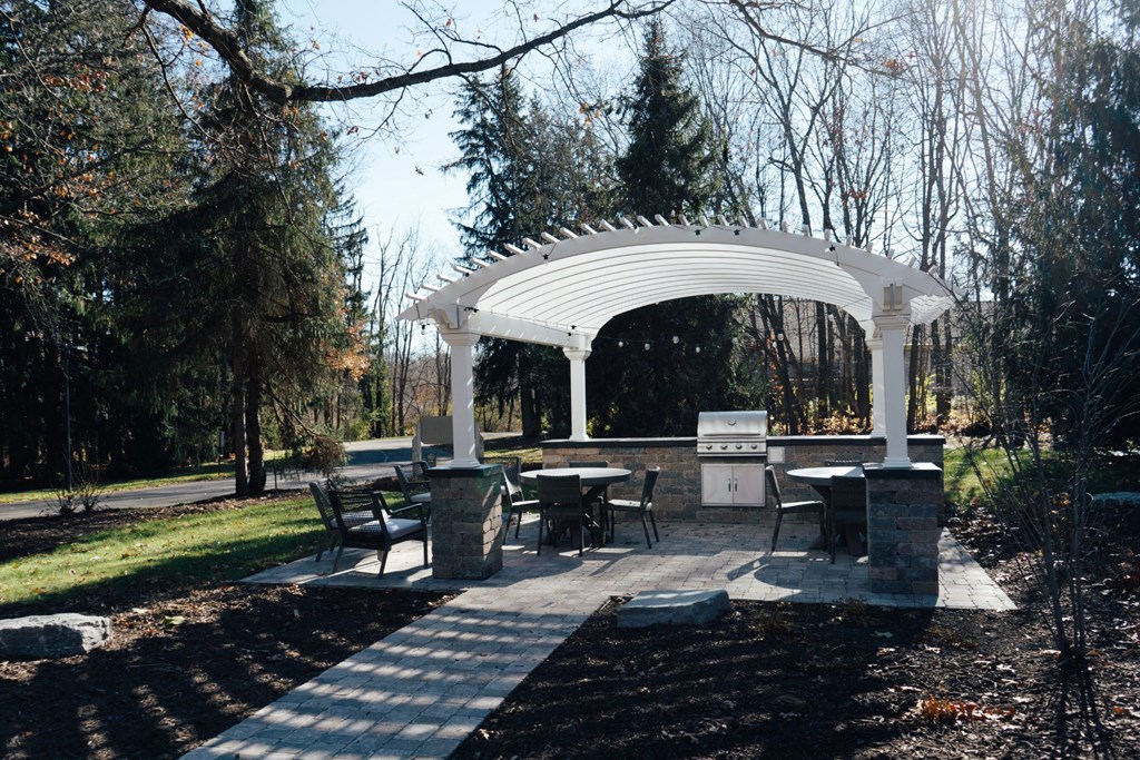 a pavilion with a table and a grill in a park