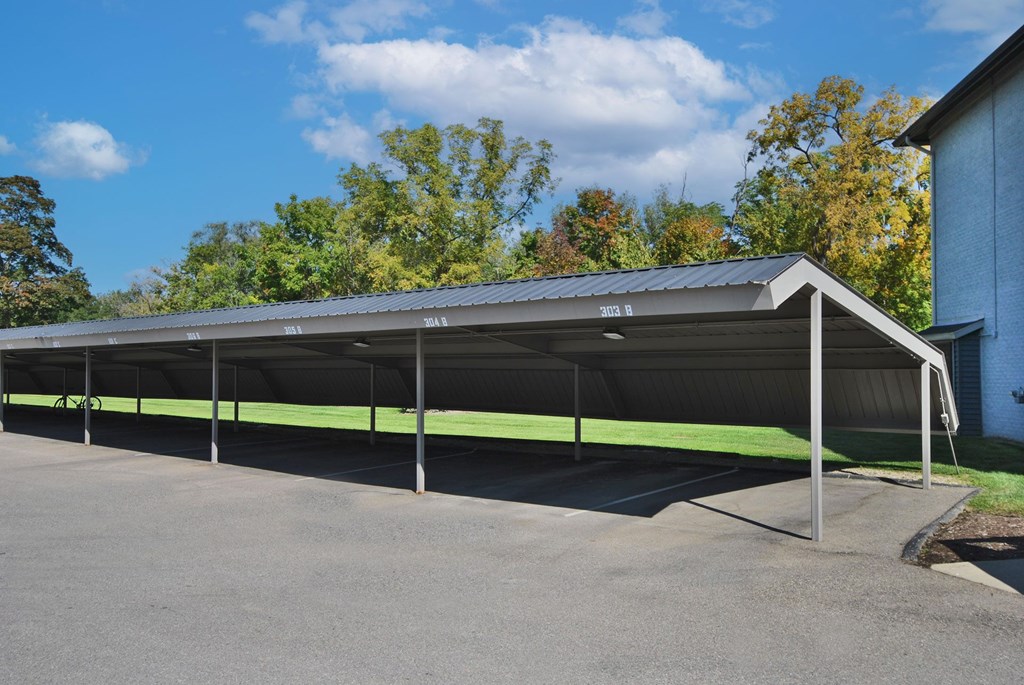 A long metal carport with a grey roof and a green stripe on the ground.