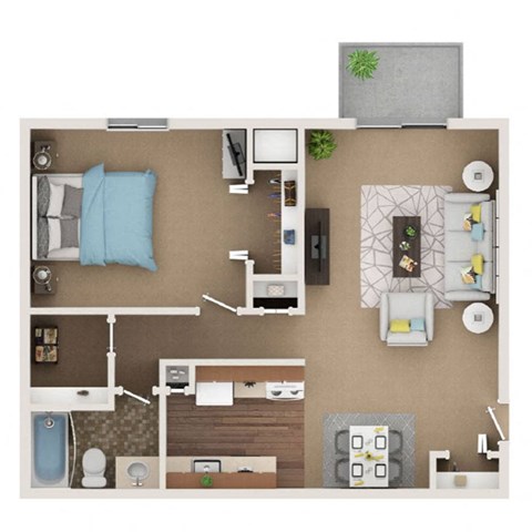 A top-down view of a small apartment with a bedroom, living room, kitchen, and bathroom.