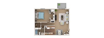 A top-down view of a small apartment with a bedroom, living room, kitchen, and bathroom.