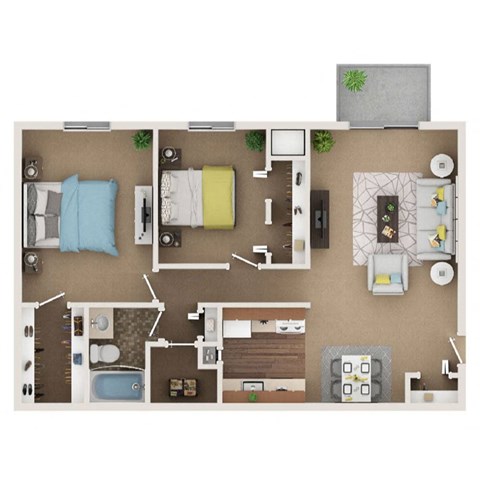 A top-down view of a small apartment with a bedroom, living room, kitchen, and bathroom.