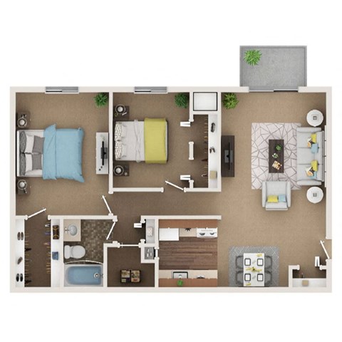 A top-down view of a small apartment with a bedroom, living room, kitchen, and bathroom.