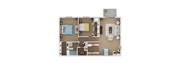 A top-down view of a small apartment with a bedroom, living room, kitchen, and bathroom.