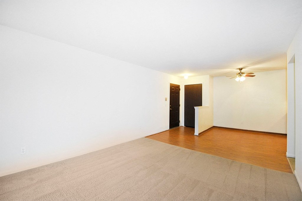A room with a carpeted floor and a ceiling fan.