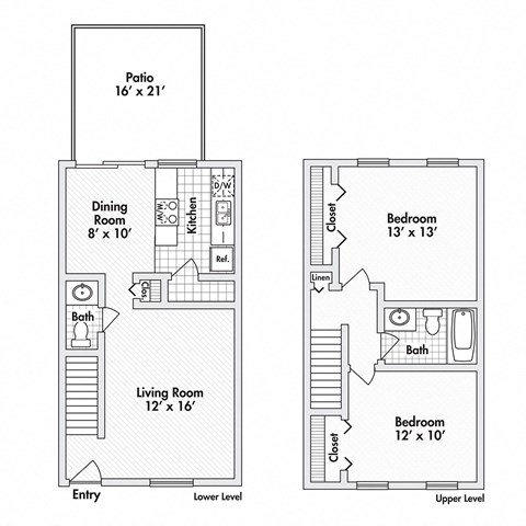 2 bed 1.5 bath apartment floor plan