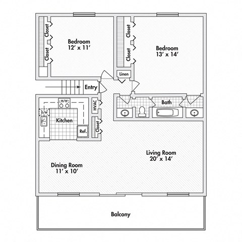 2 bed 1.5 bath apartment floor plan