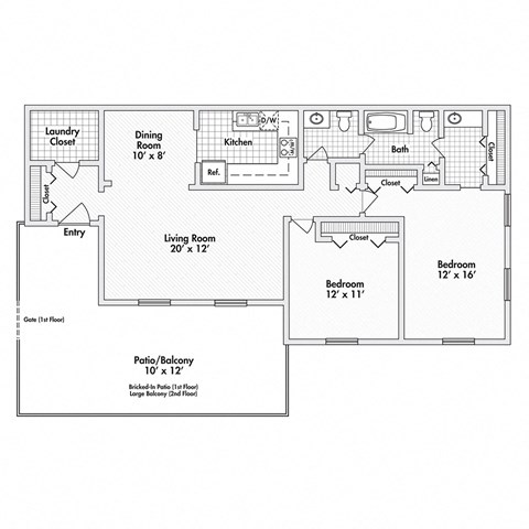 2 bed 1.5 bath apartment floor plan