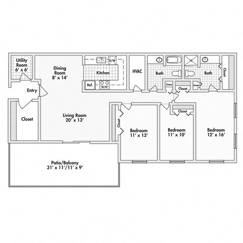 3 bed 2 bath apartment floor plan
