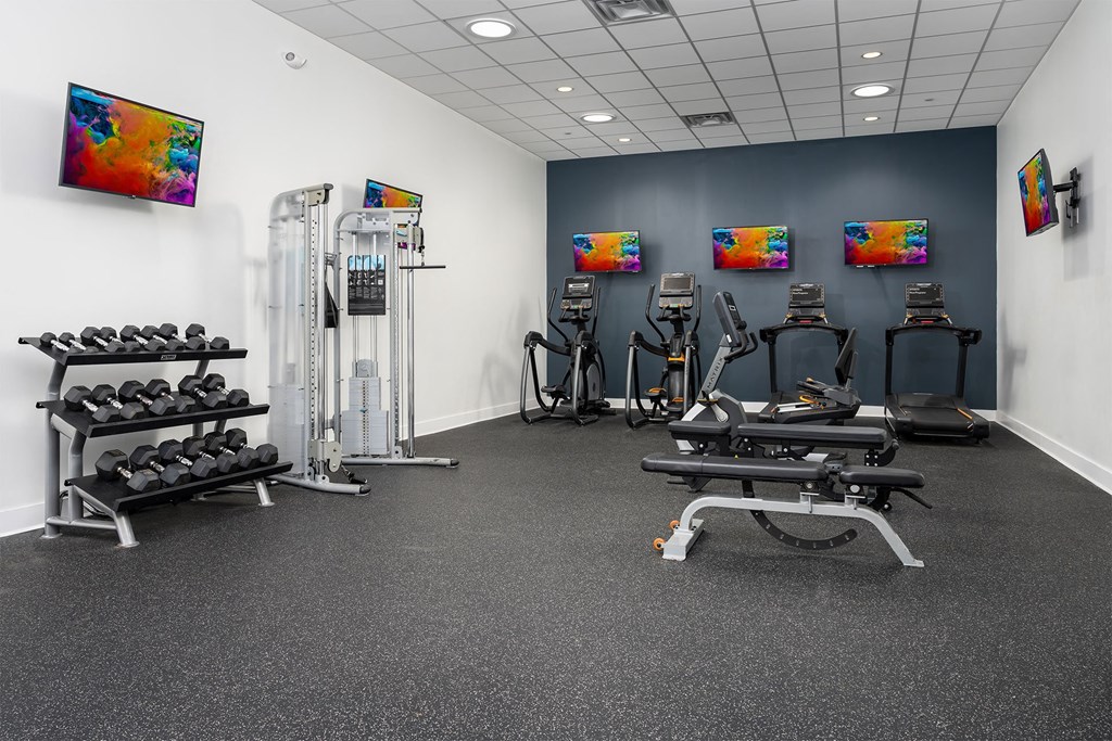 a gym with weights and cardio equipment in a building