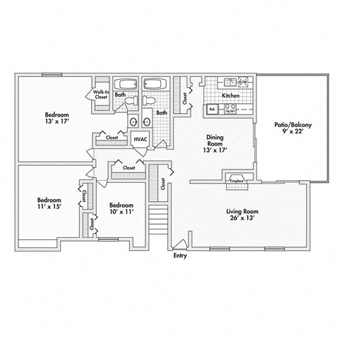 3 bed 2 bath apartment floor plan