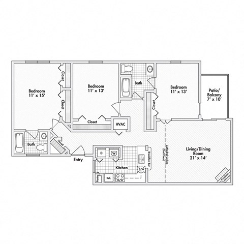 3 bed 2 bath apartment floor plan